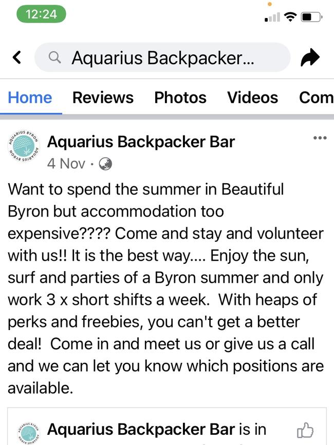 Aquarius Backpackers advertised for workers via Facebook in November.