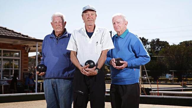 Tony Sestanovich, Ross Aldridge and Richard Clarke at North Manly Bowling Club. Picture: Adam Yip.