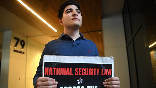 University of Queensland student activist Drew Pavlou during a protest in support of Hong-Kong, outside the Chinese consulate in Brisbane. Picture: Dan Peled