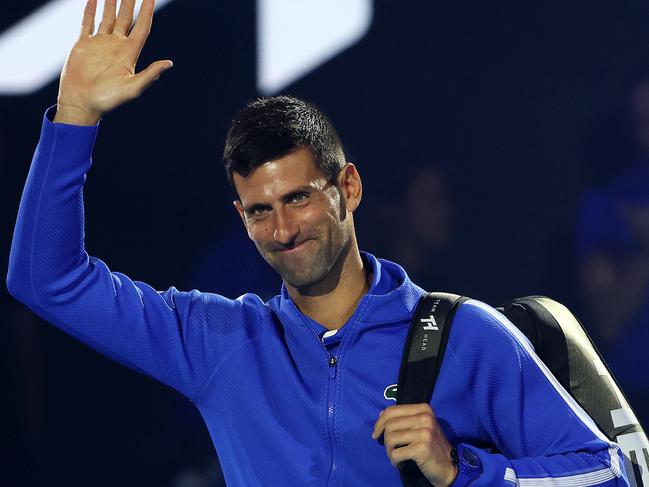 MELBOURNE, JANUARY 11, 2024: Novak Djokovic pictured on Rod Laver Arena during A Night with Novak and Friends, a charity match ahead of the Australian Open. Picture: Mark Stewart