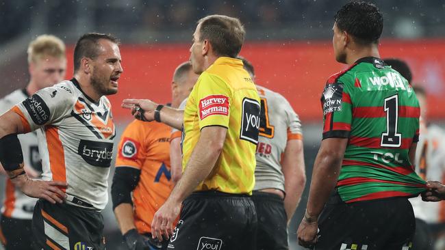 Tigers Josh Reynolds and Souths Latrell Mitchell have words during the round 9 NRL match between South Sydney and Wests Tigers at Bankwest Stadium, Parramatta. Picture: Brett Costello