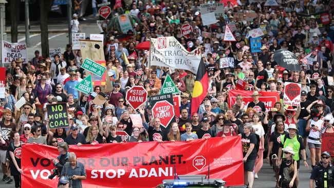 Protesters march in the anti-Adani march in Brisbane. Picture: Peter Wallis