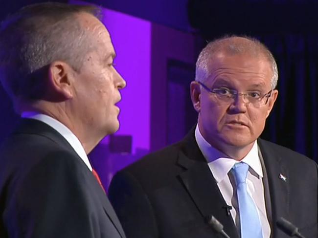 Bill Shorten and Scott Morrison during a tense exchange over housing policy. Picture: ABC