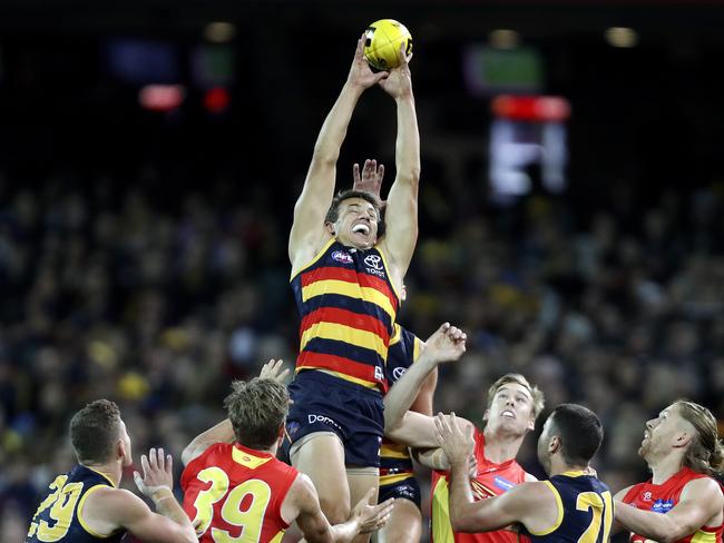 28/04/18 - AFL - Round 6 - Adelaide Crows v Gold Coast Suns at the Adelaide Oval. Tom Doedee marks. Picture SARAH REED