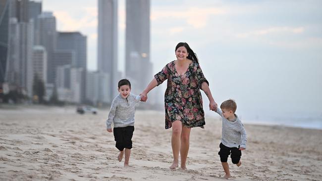 Dani Kaye and her children Charlie, 5, and Zac Hooper, 4, at Broadbeach on the Gold Coast. Picture: Lyndon Mechielsen/The Australian