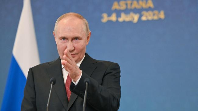 Vladimir Putin faces the Russian media after the Shanghai Co-operation Organisation summit in Astana on Thursday. Picture: AFP