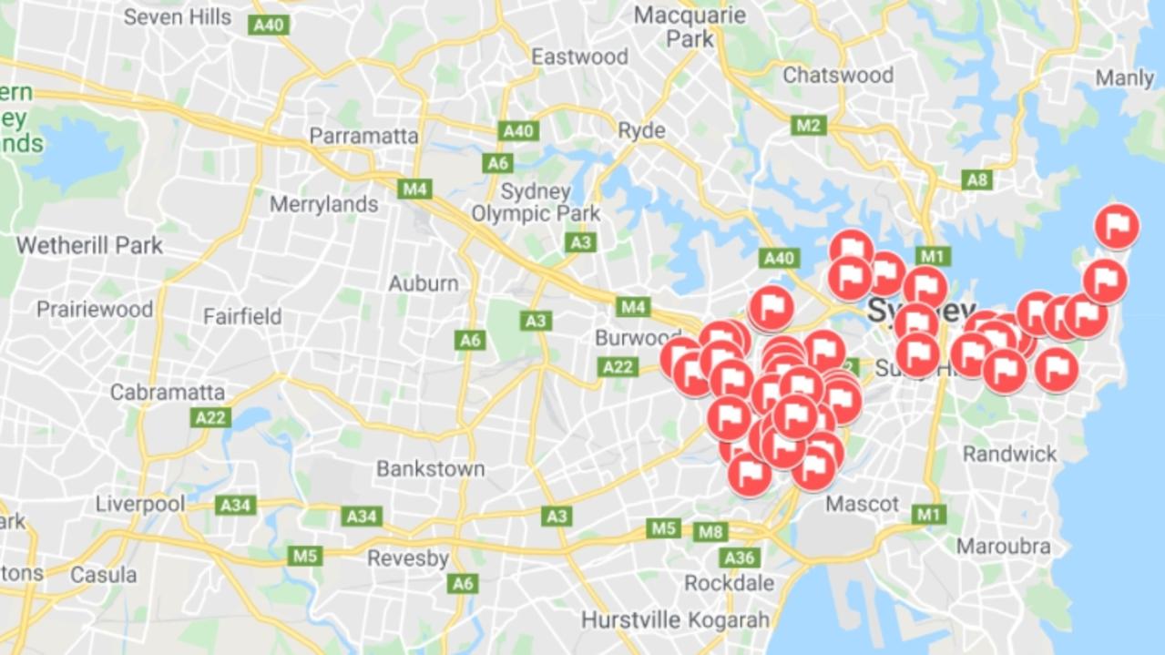 A map showing the distribution of Racism Not Welcome signs in Sydney