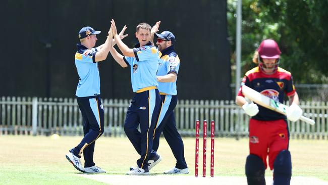 Seth McGinty celebrates a wicket in the Queensland Country Cricket Bulls Masters match between the Far North Fusion and the Sunshine Coast, held at Walker Road sporting fields, Edmonton. Picture: Brendan Radke