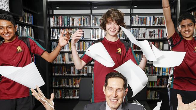 Melbourne High is the best government school in Stonnington. Principal Dr Tony Mordini with year 9 students Kevish, 15, Tobias, 15 and Krish, 15.  Picture: Alex Coppel.