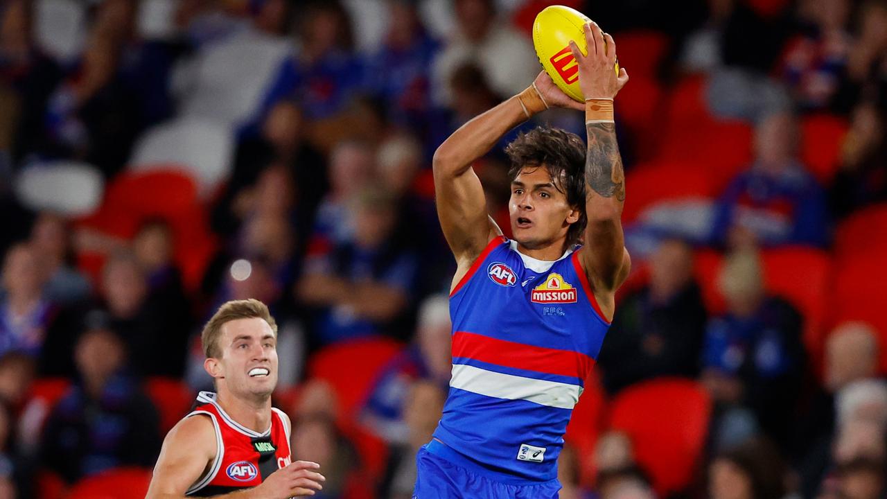 Jamarra Ugle-Hagan takes a grab on Saturday night. Picture: Dylan Burns/AFL Photos via Getty Images