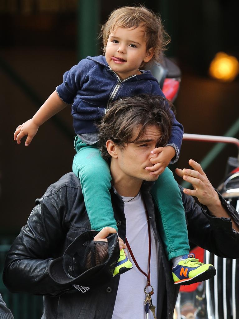 Look out ... Miranda Kerr’s son Flynn goes for alternative approach with dad Orlando Bloom. Picture: Australscope