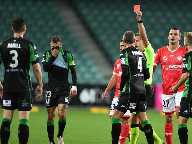 LAUNCESTON, AUSTRALIA - APRIL 22: Brendon Hamill of Western United is shown the red card  during the A-League match between  Western United FC and the Wellington Phoenix at University of Tasmania Stadium, on April 22, 2021, in Launceston, Australia. (Photo by Steve Bell/Getty Images)