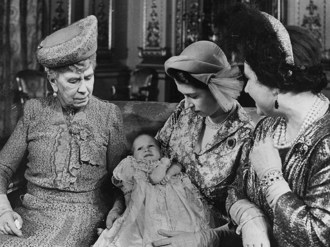Princess Elizabeth (later Queen Elizabeth II) holding baby daughter Anne with her mother Queen Elizabeth (r) and her grandmother Queen Mary Picture: Getty Images
