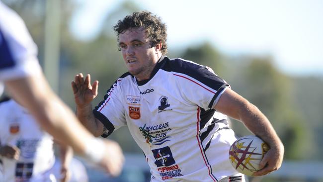 NRRRL Lower Clarence Magpies versus the Grafton Ghosts at Maclean Showground on Sunday were playing for the Terry Randall memorial Shield. Magpies captain Ryan Binge barn storms his way through the Grafton Ghosts during the match.  Photo Debrah Novak / The Daily Examiner