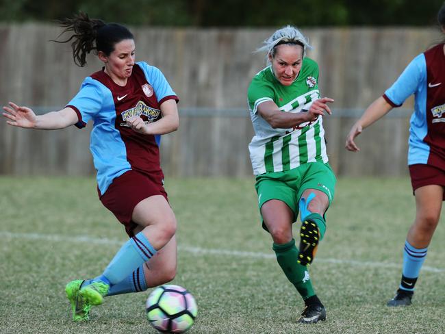 Coomera defender Jessica Shipley takes on Southport’s Kate Weeb in a Gold Coast Women’s Premier League game at Viney Park earlier this month. Picture: Glenn Hampson