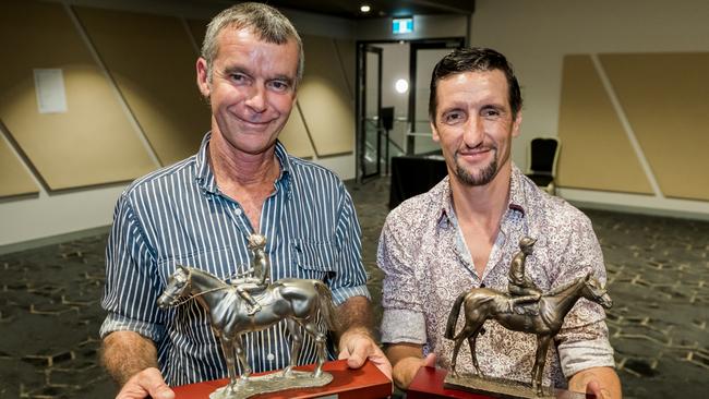 Gary Clarke (left) and stable jockey Jarrod Todd won big at the 2024 Top End Racing Awards night. Picture: Caroline Camilleri.