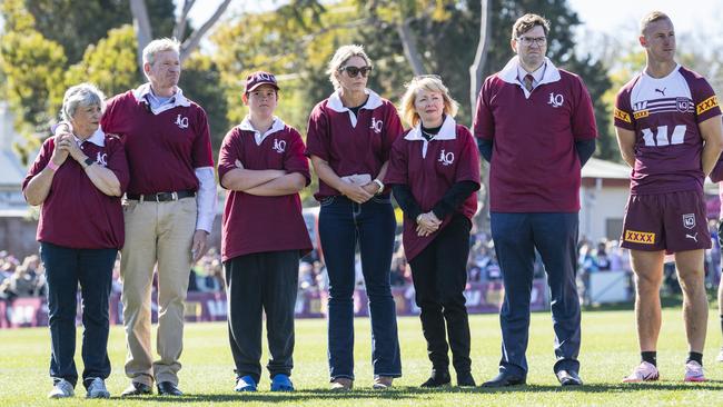 The McDonald family (from left) Joan McDonald, Jim McDonald, Mack Parsons, Maree Parsons, Lisa McDonald and Geoff McDonald with Daly Cherry-Evans at the Queensland Maroons fan day at Toowoomba Sports Ground, Tuesday, June 18, 2024. Picture: Kevin Farmer