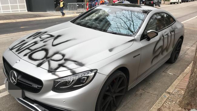 A defaced Mercedes S63 AMG coupe on King William St, near the corner of Dequetteville Tce, Kent Town, on Friday, August 10, 2018, that became a short-lived viral sensation on local social media channels. Picture: Supplied