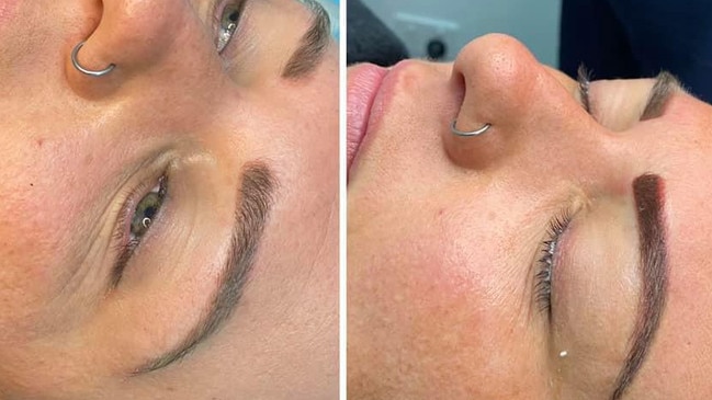 Before and after of a cosmetic eyebrow tattoo by Ink Envy Cosmetic Tattooing.