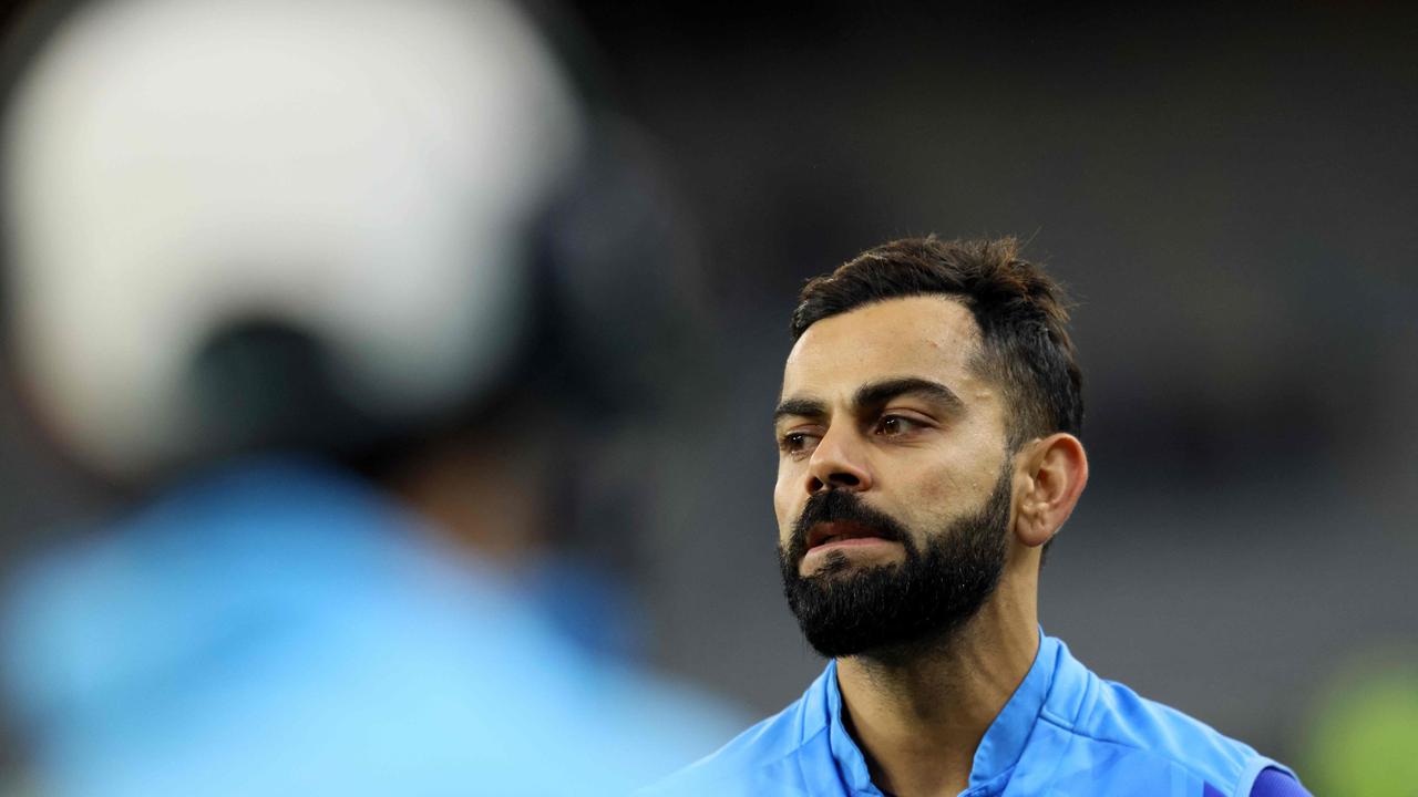 India's Virat Kohli gestures during the ICC men's Twenty20 World Cup 2022 cricket match between India and South Africa at the Perth Stadium in Perth on October 30, 2022. (Photo by Trevor Collens / AFP) / -- IMAGE RESTRICTED TO EDITORIAL USE - STRICTLY NO COMMERCIAL USE --