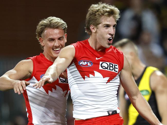 Sydney's Dylan Stephens celebrates kicking a goal during AFL Gather Round match between the Sydney Swans and Richmond at the Adelaide Oval on 14 April, 2023. Photo by Phil Hillyard(Image Supplied for Editorial Use only - **NO ON SALES** - Â©Phil Hillyard )