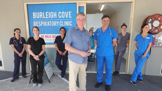 Dr Roger Halliwell and staff at the Burleigh Cove Respiratory Clinic. Picture: Glenn Hampson.