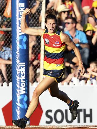 Adelaide Crows co-captain Chelsea Randall celebrates her goal against the Lions on Saturday. Picture: Sarah Reed