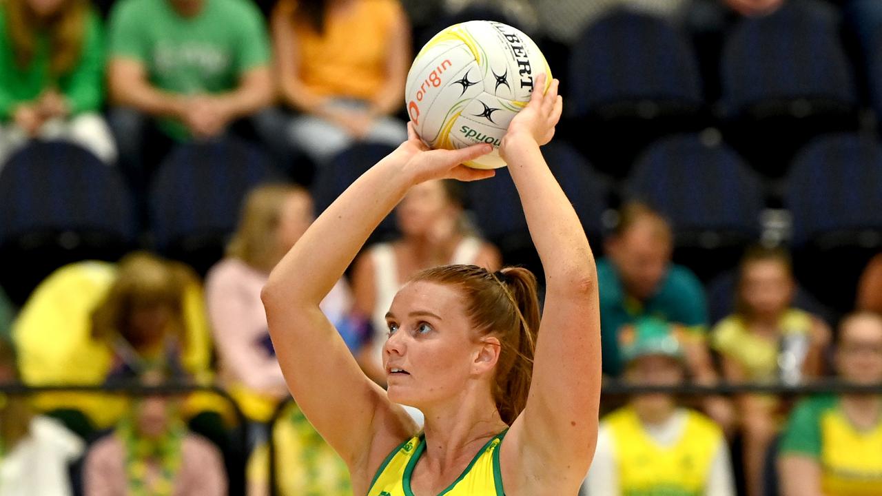 Steph Wood of Australia lines up a shot at goal during the warm up before the Constellation Cup match between the Australia Diamonds and New Zealand Silver Ferns at Gold Coast Convention and Exhibition Centre on October 23, 2022 in Gold Coast, Australia. (Photo by Bradley Kanaris/Getty Images)