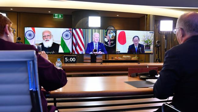 Scott Morrison (right) and Marise Payne (left) are seen participating in the inaugural Quad leaders meeting with US President Joe Biden, the Prime Minister of Japan Yoshihide Suga and the Prime Minister of India Narendra Modi. Picture: AAP