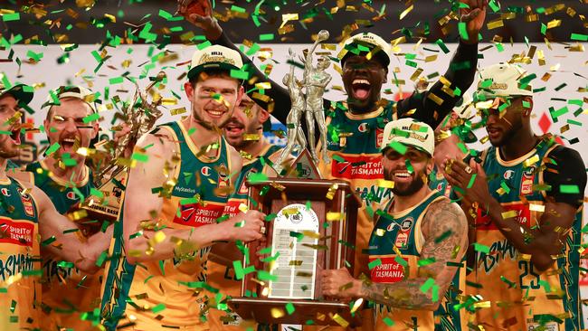 JackJumpers celebrate with the trophy during game five of the NBL Championship Grand Final Series between Melbourne United and Tasmania JackJumpers. Photo: Kelly Defina/Getty Images