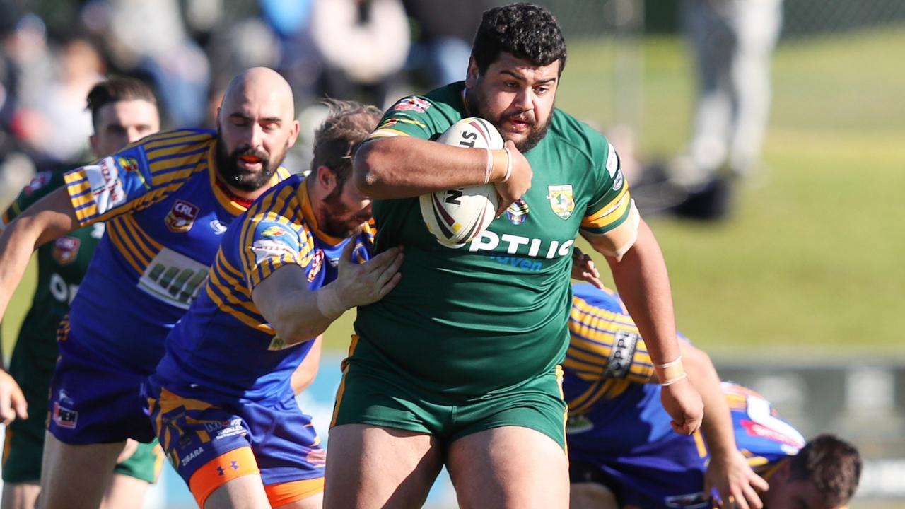 The Wyong Roos play Toukley Hawks in Round 10 of the Reserve Grade Central Coast Rugby League Division at Morry Breen Oval on 17th of June, 2018 in Kanwal, NSW Australia. Pictured with the ball is Shaquai Mitchell, Latrell Mitchell's brother MUST CREDIT - Picture: Paul Barkley / LookPro