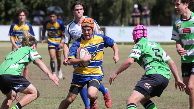 Action galleries of the junior rugby union grand finals, match played at Surfers Paradise Home Ground. Gold Coast Eagles Vs Currumbin Alligators under 16s division. Picture Mike Batterham