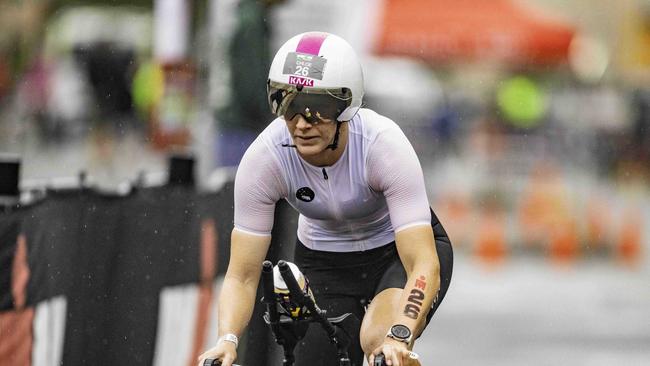 Australian triathlete Chloe Hartnett starts the cycling leg of the Ironman 70.3 Tasmania in Hobart on Sunday 4th February. Picture: Linda Higginson