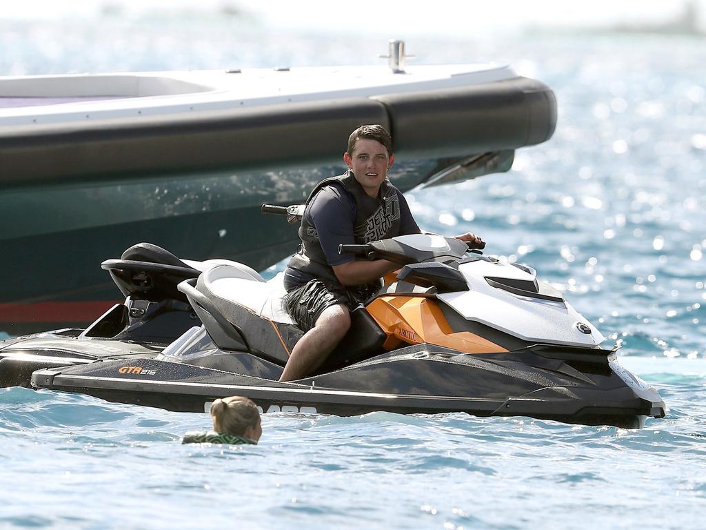 Karl Stefanovic and girlfriend Jasmine Yarbrough were spotted holidaying in Bora Bora with James Packer and his kids, aboard his luxury yacht Arctic P. They were also accompanied by a group of friends, including a mystery brunette, who is pictured sitting next to a visibly larger James Packer. Picture: Backgrid