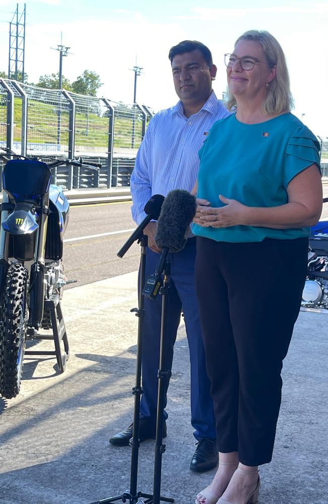 Hon Marie-Clare Boothby MLA and Sport and Culture minister Jinson Charls out at Hidden Valley Raceway, Dawin. Picture: Darcy Jennings