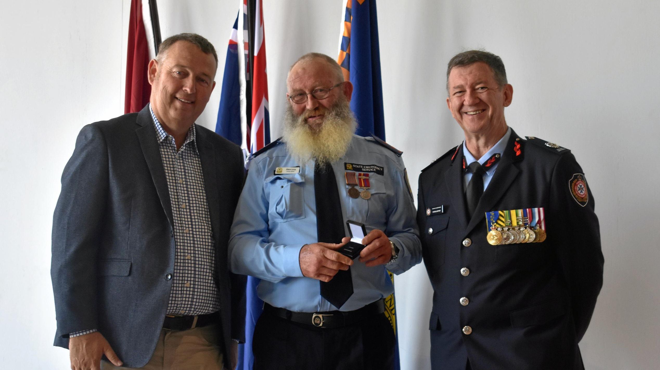 Tyson Golder, Stephen Long of the Miles SES, and Rob Bundy. Picture: Jorja McDonnell