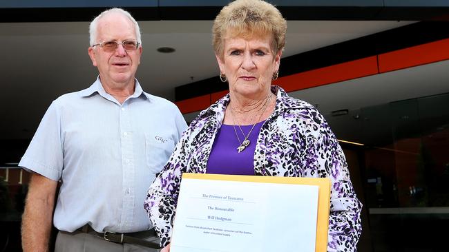 Gretna residents Gordon Wadsworth and Kate Barnett delivered letters of protest to Premier Will Hodgman with regard to the state of the town’s water. Picture: NIKKI DAVIS-JONES