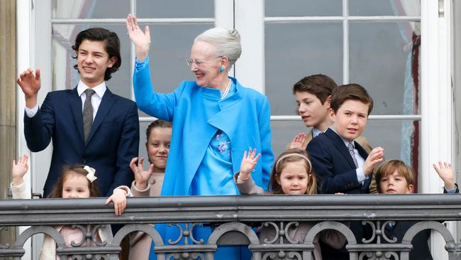 Queen Margrethe II of Denmark, Princess Josephine of Denmark, Princess Isabella of Denmark, Prince Vincent of Denmark, Prince Christian of Denmark, Prince Nikolai of Denmark, Prince Felix of Denmark, Princess Athena of Denmark, Prince Henrik of Denmark, at the celebrations of her Majesty's 76th birthday at Amalienborg Royal Palace in 2016. Picture: Getty Images