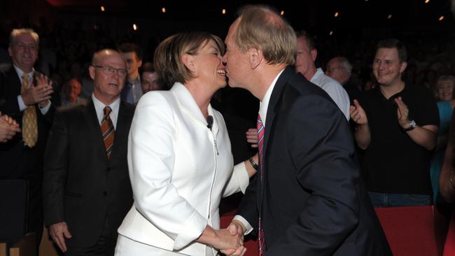 Queensland then-premier Anna Bligh is greeted by former premier Peter Beattie during the Labor Party official 2012 state election campaign launch, with her then-husband Greg Withers looking on behind the pair. Picture: Dan Peled