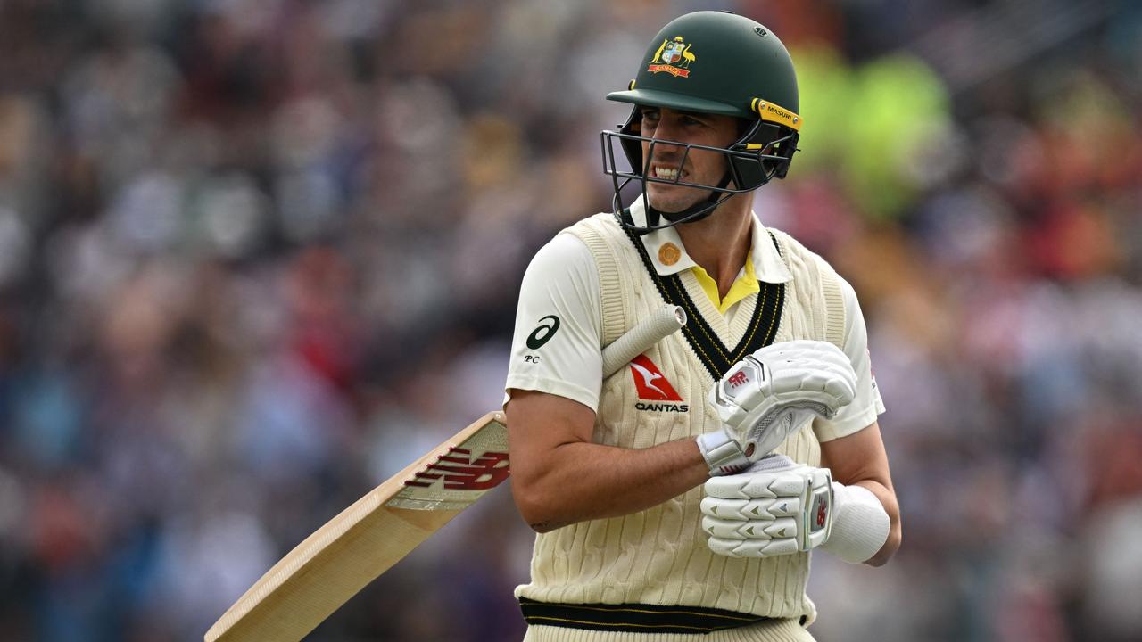 Australia's Pat Cummins lasted just two balls against the rapid pace of Mark Wood. Picture: AFP