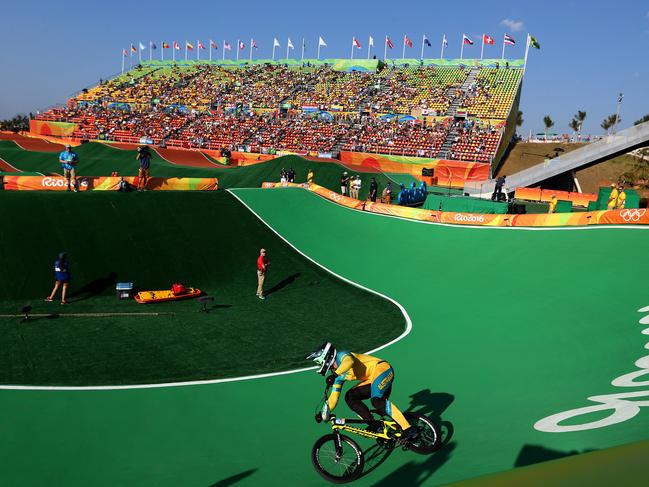 Sam Willoughby in action during the BMX seeding run at the Olympic BMX Centre in Deodoro. Picture: Adam Head
