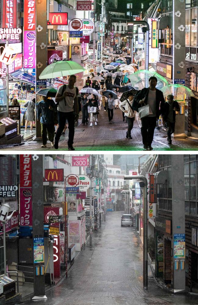 This combination of images shows Takeshita street, one of the most crowded and well-known shopping areas in the Harajuku district of Tokyo as the effects of Typhoon Hagibis began to be felt in Japan's capital. Picture: AFP