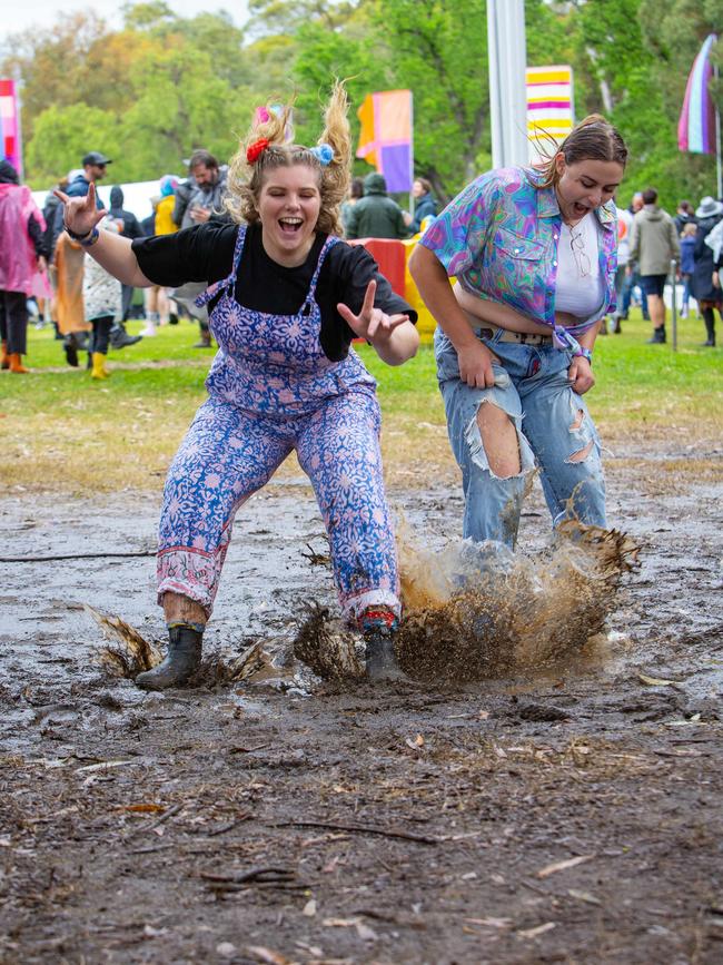 Harvest Rock festival-goers have fun in the mud. Picture: Emma Brasier