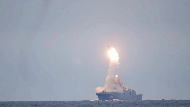 A Russian Zircon hypersonic cruise missile is launched from the Admiral Groshkov. Picture: Russian Defense Ministry Press Service via AP