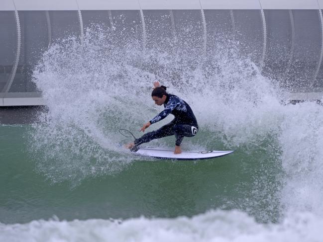 Sally Fitzgibbons tests out the waves at Urbnsurf. Picture: Blainey Woodham/Surfing Australia