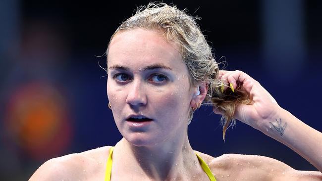 PARIS, FRANCE - JULY 24: Ariarne Titmus of Team Australia looks on during a Swimming training session ahead of the Paris 2024 Olympic Games at Paris La Defense Arena on July 24, 2024 in Paris, France. (Photo by Quinn Rooney/Getty Images)