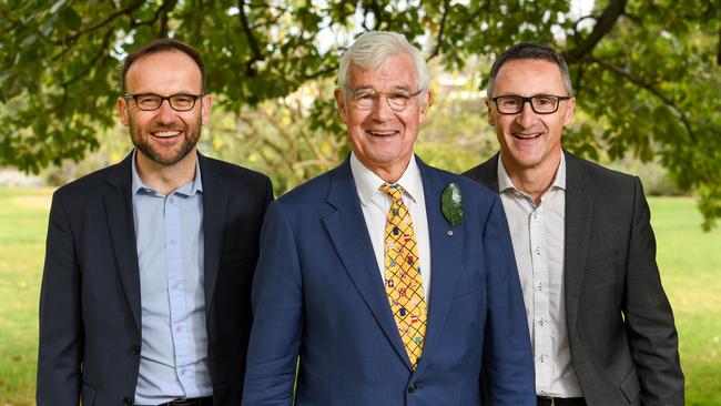 (L-R) Greens MP Adam Bandt, Greens candidate for Kooyong Julian Burnside and Leader of the Australian Greens Dr Richard Di Natale.