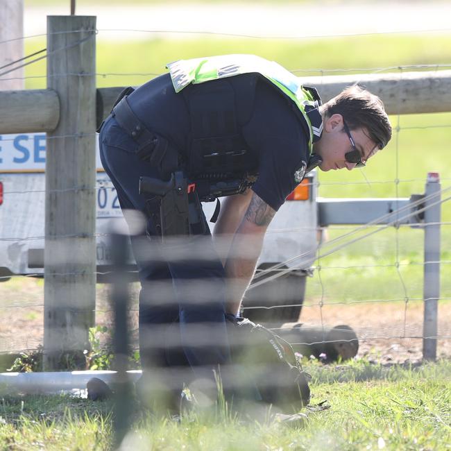 Police at the scene of a fatal motorcycle crash on the Portarlington Road near Moss Road, Leopold. Picture: Alan Barber