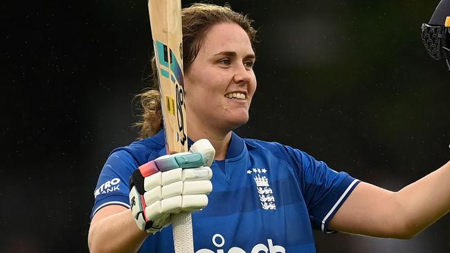 LEICESTER, ENGLAND - SEPTEMBER 14: Nat Sciver-Brunt of England celebrates reaching her century during 3rd Metro Bank One Day International between England and Sri Lanka at Uptonsteel County Ground on September 14, 2023 in Leicester, England. (Photo by Gareth Copley/Getty Images)