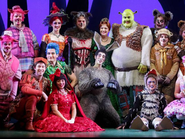 Shrek the Musical photo call at the Sydney Lyric Theatre in Pyrmont. The entire cast posing for a photograph on stage. Pic Liam Driver